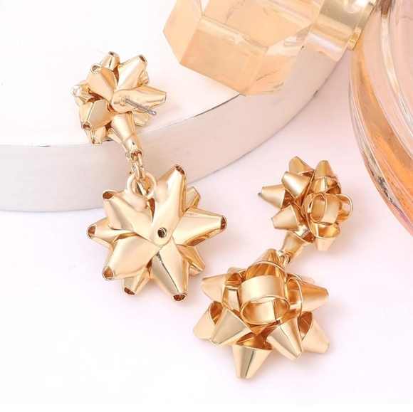 Gold Bow Earrings Christmas Accessories Bow Studs Drop Dangle Earrings - Picture 10 of 11